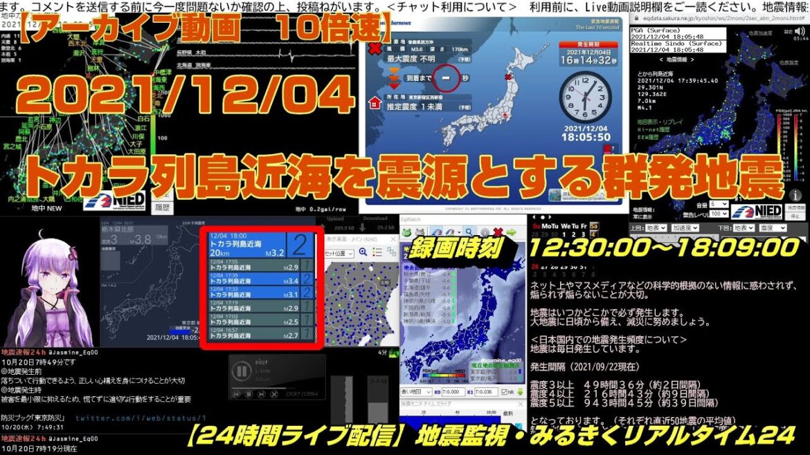 【アーカイブ動画】2021/12/04 12:32～18:07発生 トカラ列島近海群発地震　ほか【10倍速動画】