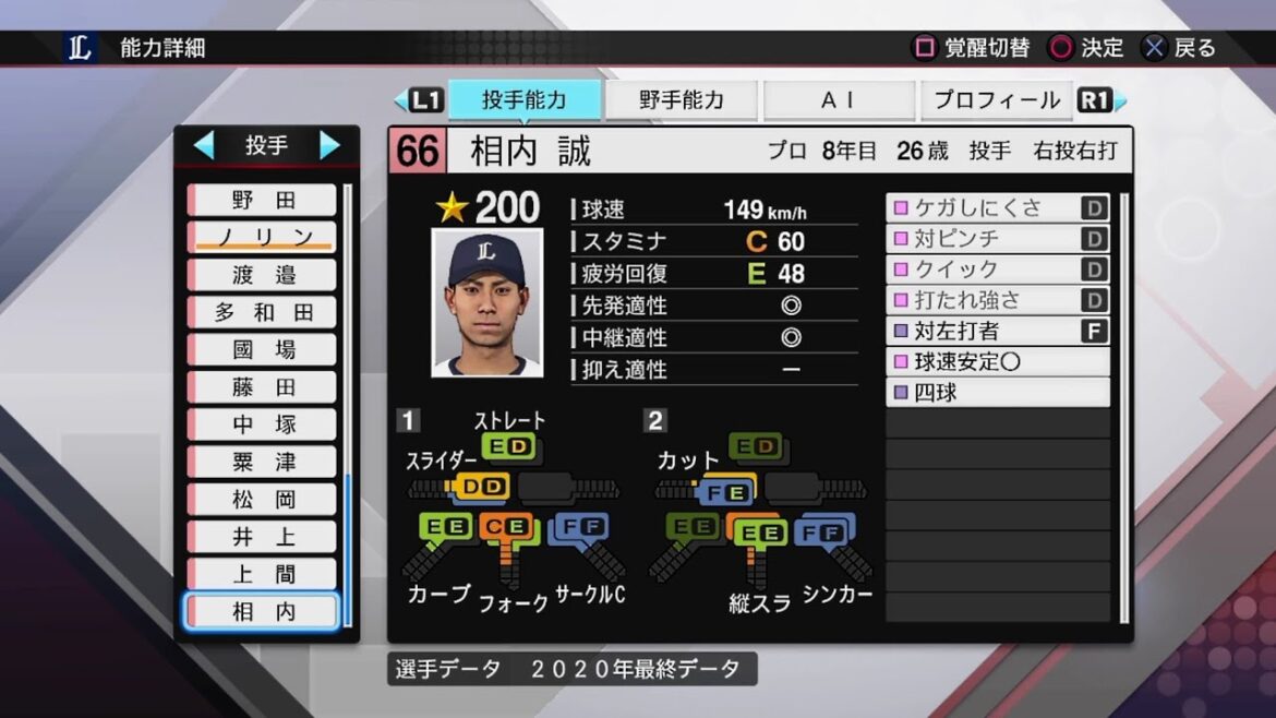 【プロスピ2020選手能力 / NPB PLAYER'S DATE】西武 66 相内誠選手 LIONS MAKOTO AIUCHI