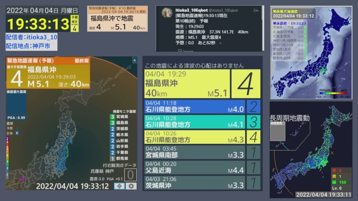【強震モニタアーカイブ】2022/04/04 震源地福島県沖 最大震度３