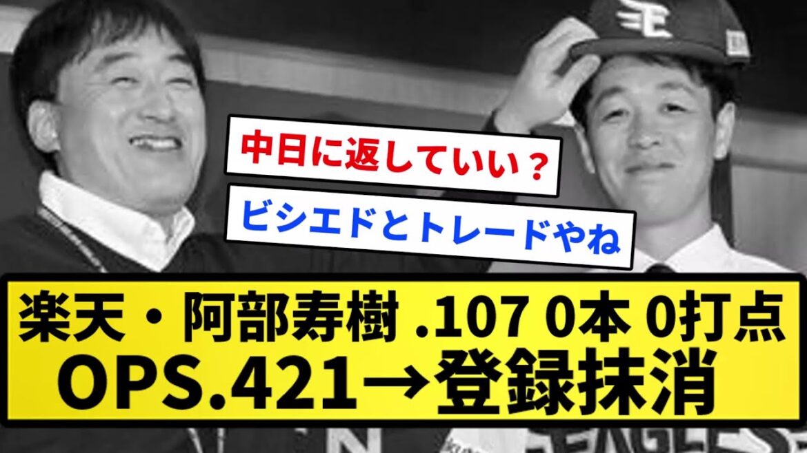 【元中日戦士】楽天・阿部寿樹 .107 0本 0打点 OPS.421→登録抹消【反応集】【プロ野球反応集】【2chスレ】【1分動画】【5chスレ】