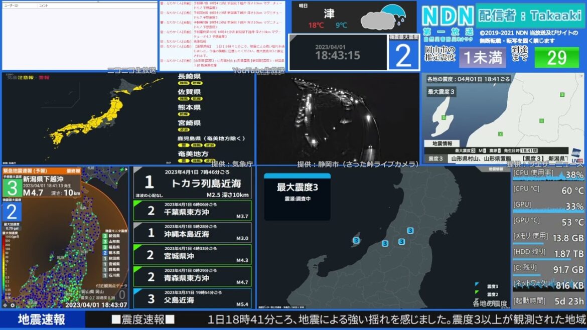 【緊急地震速報（予報）】新潟県下越沖　最大震度3