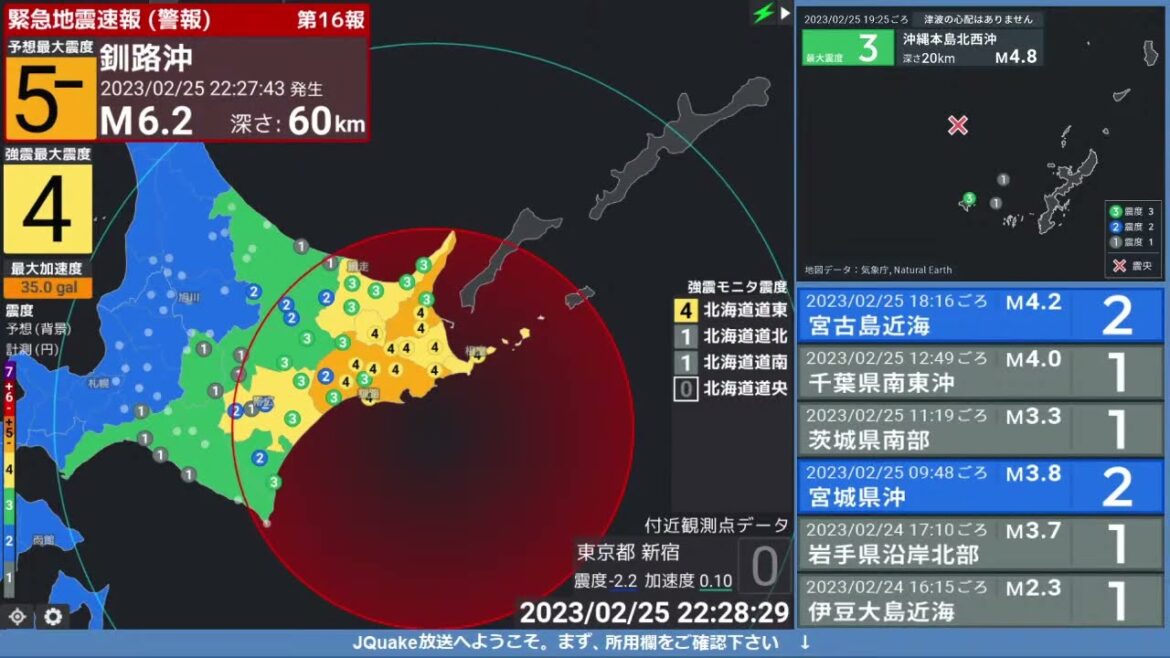 【緊急地震速報 (警報)】釧路沖 (最大震度5弱 M6.0) 2023.02.25 22:27