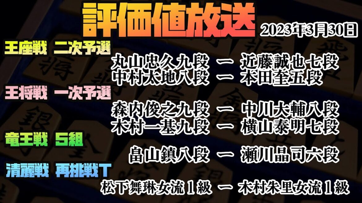 【評価値放送　王座戦：丸山九段ー近藤誠七段　中村八段ー本田五段　王将戦：森内九段ー中川八段　木村九段ー横山七段　竜王戦：畠山鎮八段ー瀬川六段　清麗戦：松下女流１級ー木村女流１級】 2023.3.30