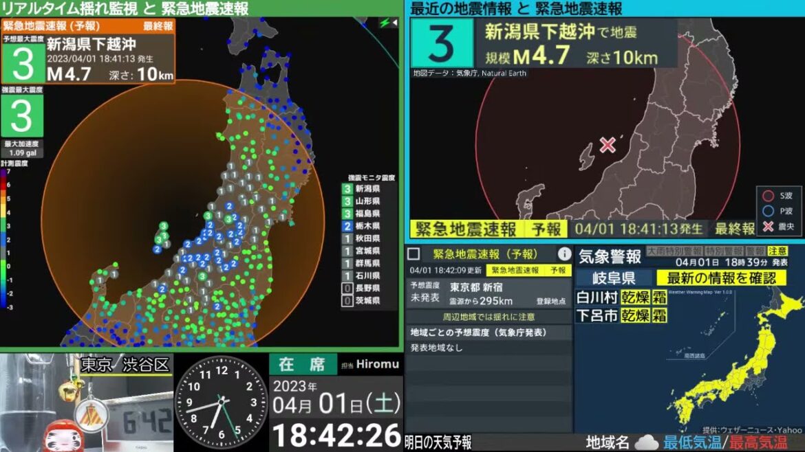 【連続地震】新潟県下越沖 震度3 M5.0 (2023/4/1 18:41ごろ 切り抜きアーカイブ) 【連続地震】新潟県下越沖 震度3 M5.0 (2023/4/1 18:41ごろ 切り抜きアーカイブ)