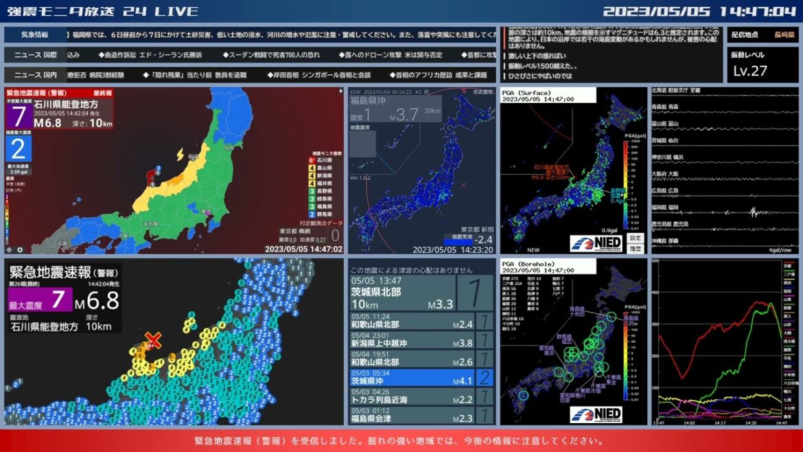 【石川県能登地方】2023年05月05日 14時42分04秒（最大震度6強 M6.3 深さ10km）地震録画