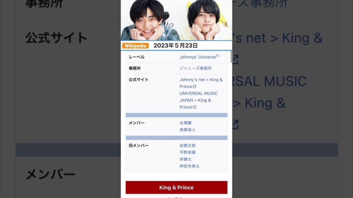 【メンバー】King & Prince 今日から新体制ですね（Wikipedia）キンプリ