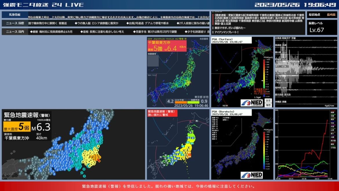 【千葉県東方沖】2023年05月26日 19時03分27秒（最大震度6弱 M6.3 深さ10km）地震録画