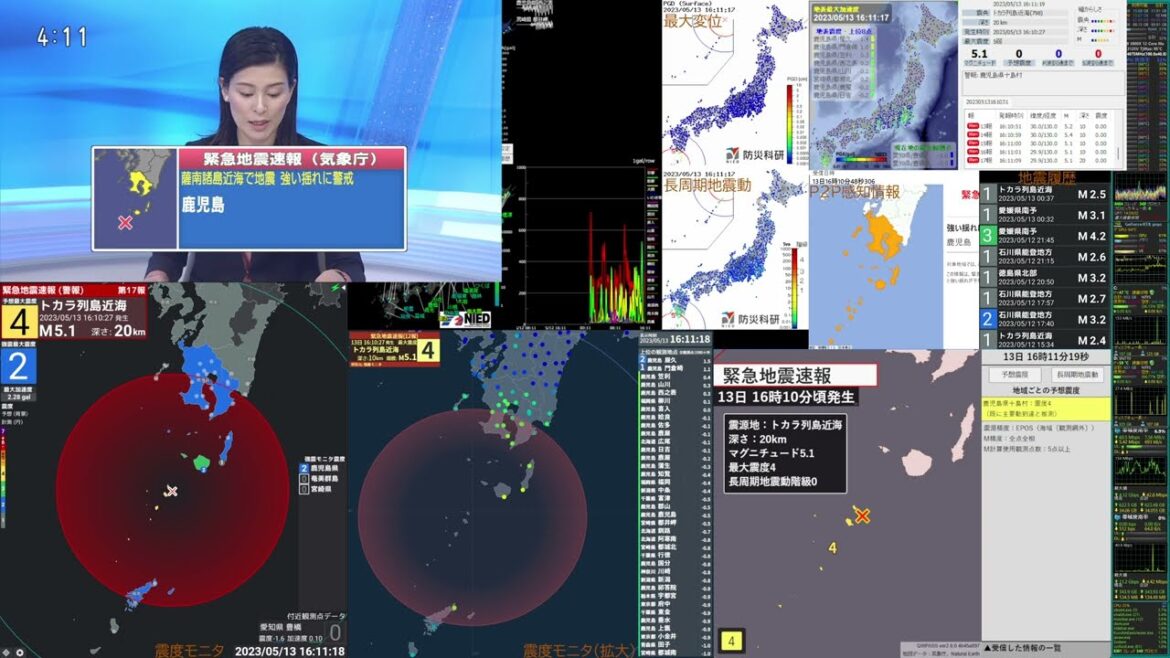 2023/05/13 16:10 トカラ列島近海 M5.1 最大震度5弱 強震モニタ