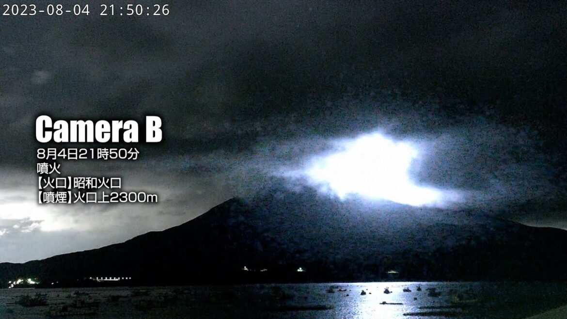 【火山雷】2023年8月4日 21:50 桜島  昭和火口 噴火 2300m / Sakurajima Eruption