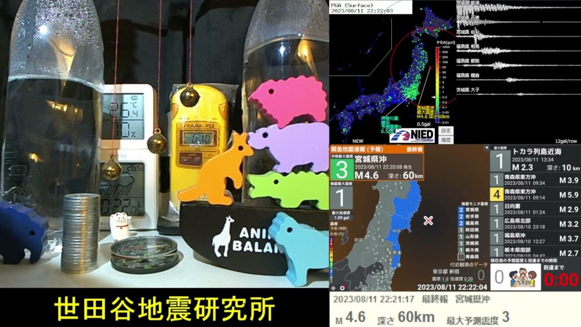 2023/8/11 22:21 宮城県沖で地震 震度3 深さ60km M4.6 Earthquake off the coast of Miyagi Prefecture Japan