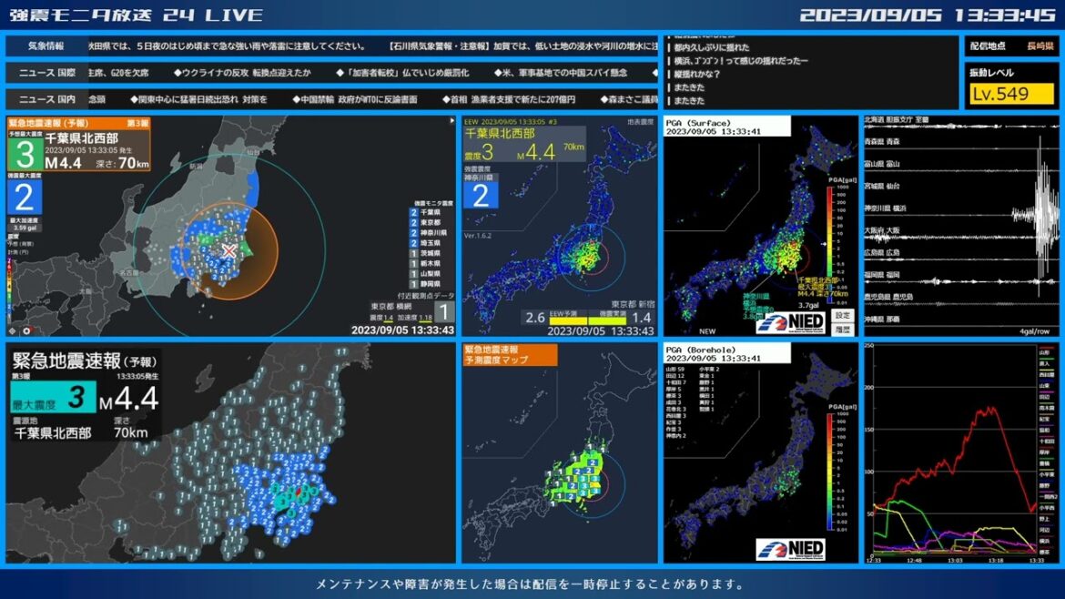 【千葉県北西部】2023年09月05日 13時27分17秒（最大震度3 M4.7 深さ60km）地震録画