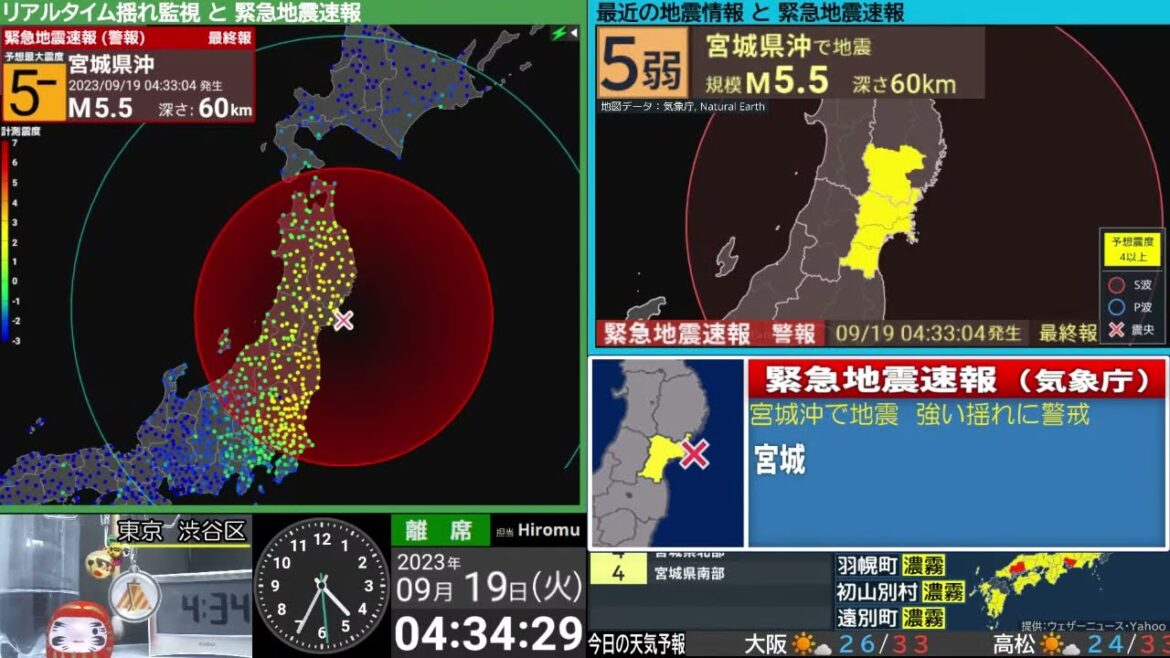 【緊急地震速報】宮城県沖　震度４　M5.5　（2023/9/19 4:33ごろ　切り抜きアーカイブ）