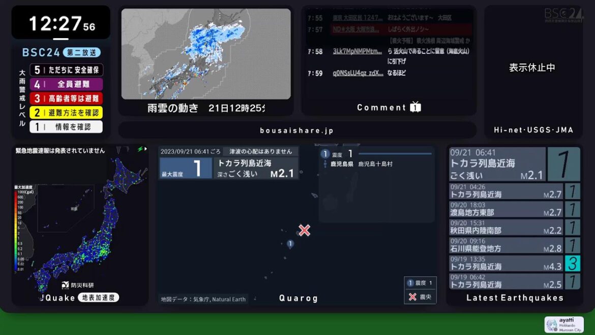 BSC24-第2 地震警戒放送２４時　防災情報共有（地震・噴火・異常気象等） 【読み上げなし】