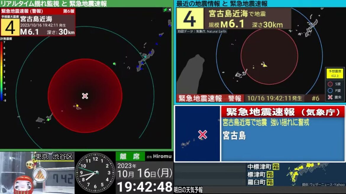 【緊急地震速報】宮古島近海　震度４　M6.0　（2023/10/16 19:42ごろ　切り抜きアーカイブ）