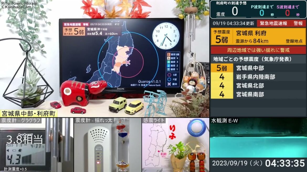 【緊急地震速報】2023/09/19 04:33 宮城県沖(M5.5) 震度3・宮城県利府町 #地震 【音量注意】