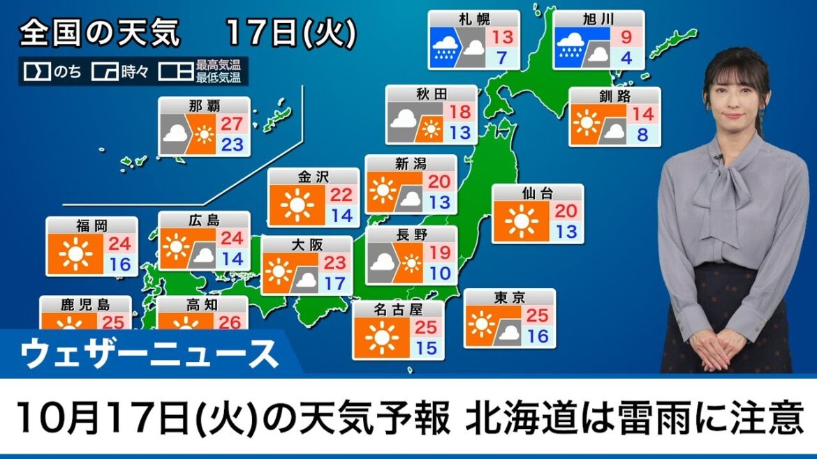 【10月17日(火)の天気予報】北海道は強風や雷雨に注意　西・東日本は秋晴れが続く