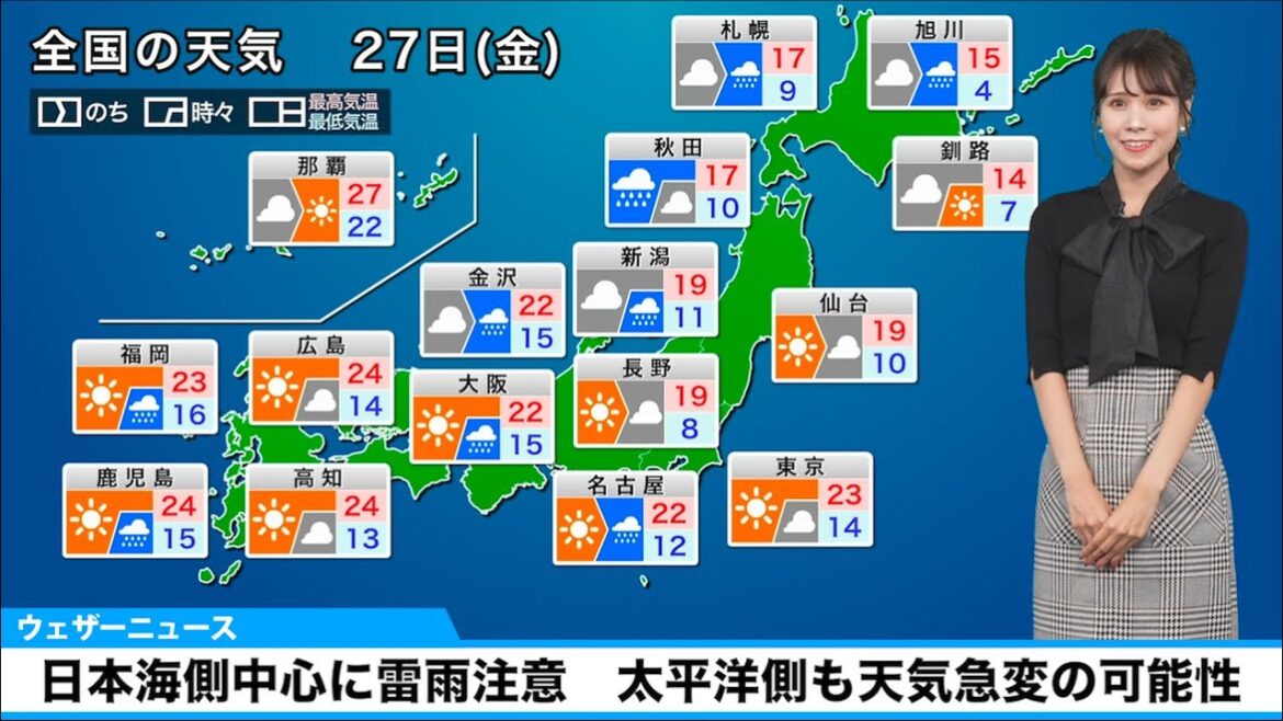 10月27日(金)の天気予報　日本海側中心に雷雨注意　太平洋側も天気急変の可能性