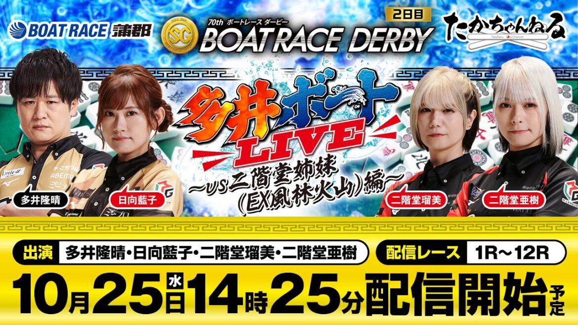 【多井ボートLIVE~vs二階堂姉妹(EX風林火山)編~】多井隆晴、日向藍子、二階堂瑠美、二階堂亜樹<ボートレース蒲郡>SG第70回ボートレースダービー(2日目) 【多井ボートLIVE~vs二階堂姉妹(EX風林火山)編~】多井隆晴、日向藍子、二階堂瑠美、二階堂亜樹<ボートレース蒲郡>SG第70回ボートレースダービー(2日目)