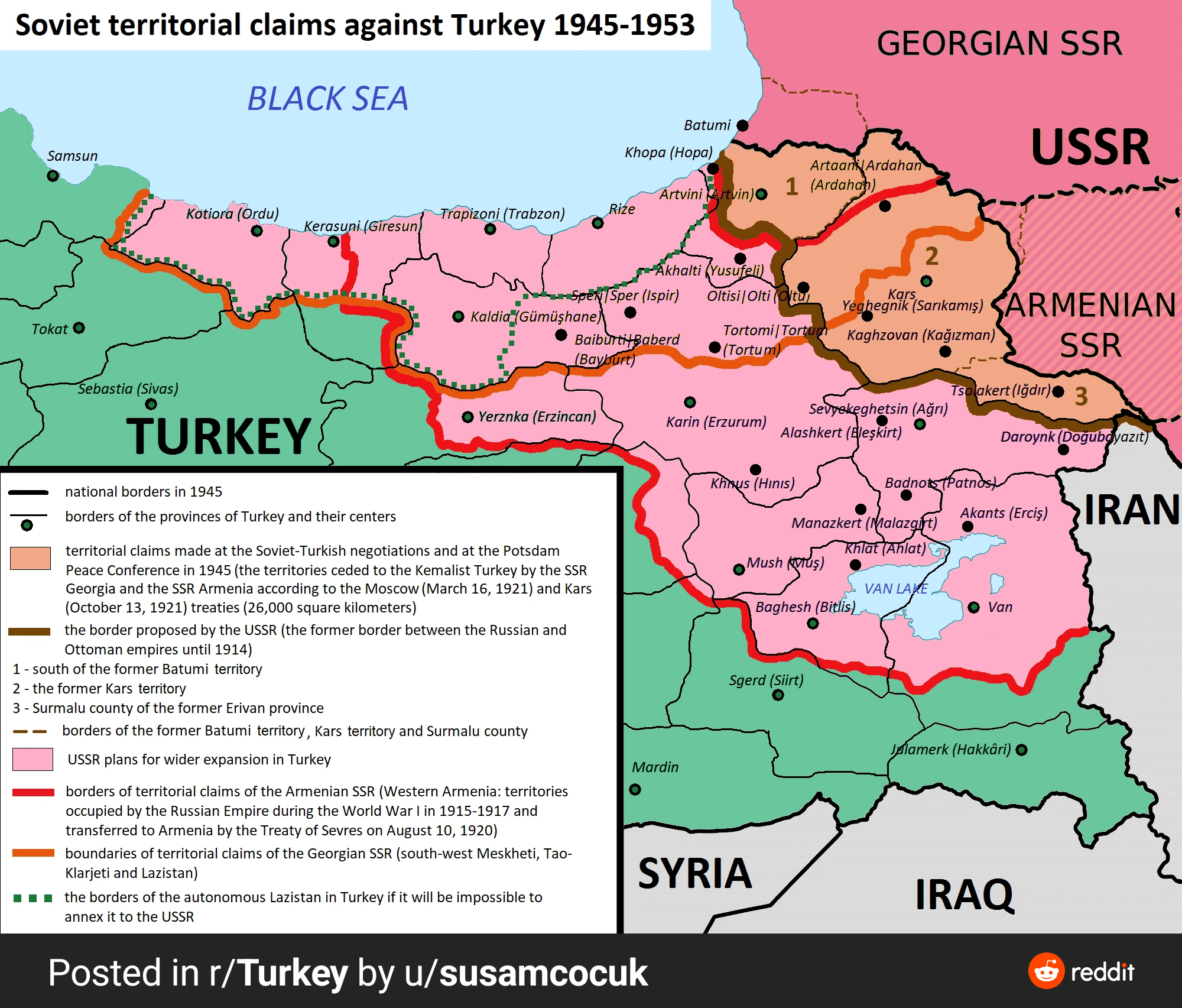 1945年から1953年にかけてトルコに対するソ連の領土主張。これはトルコがNATO加盟を求める道を開いた。 News WACOCA