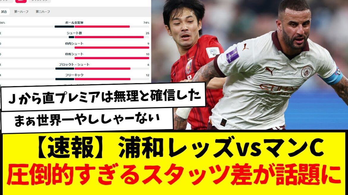 【速報】浦和レッズvsマンC圧倒的すぎるスタッツ差が話題に。マンチェスター・シティ、さすがに強すぎやてwwwwww
