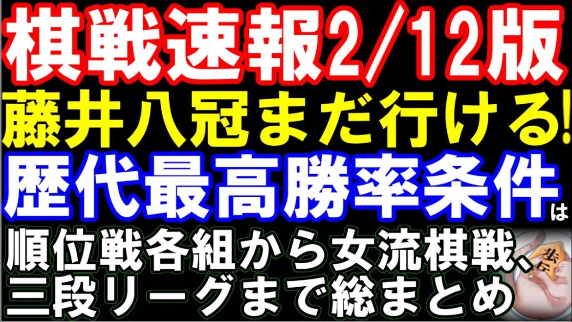 【棋戦速報2/12版】藤井聡太八冠の歴代最高勝率記録更新条件は？藤本四段と1位争い　A級～C2順位戦が佳境に　三段リーグ、中学生棋士誕生は？　女流棋界まで総まとめ