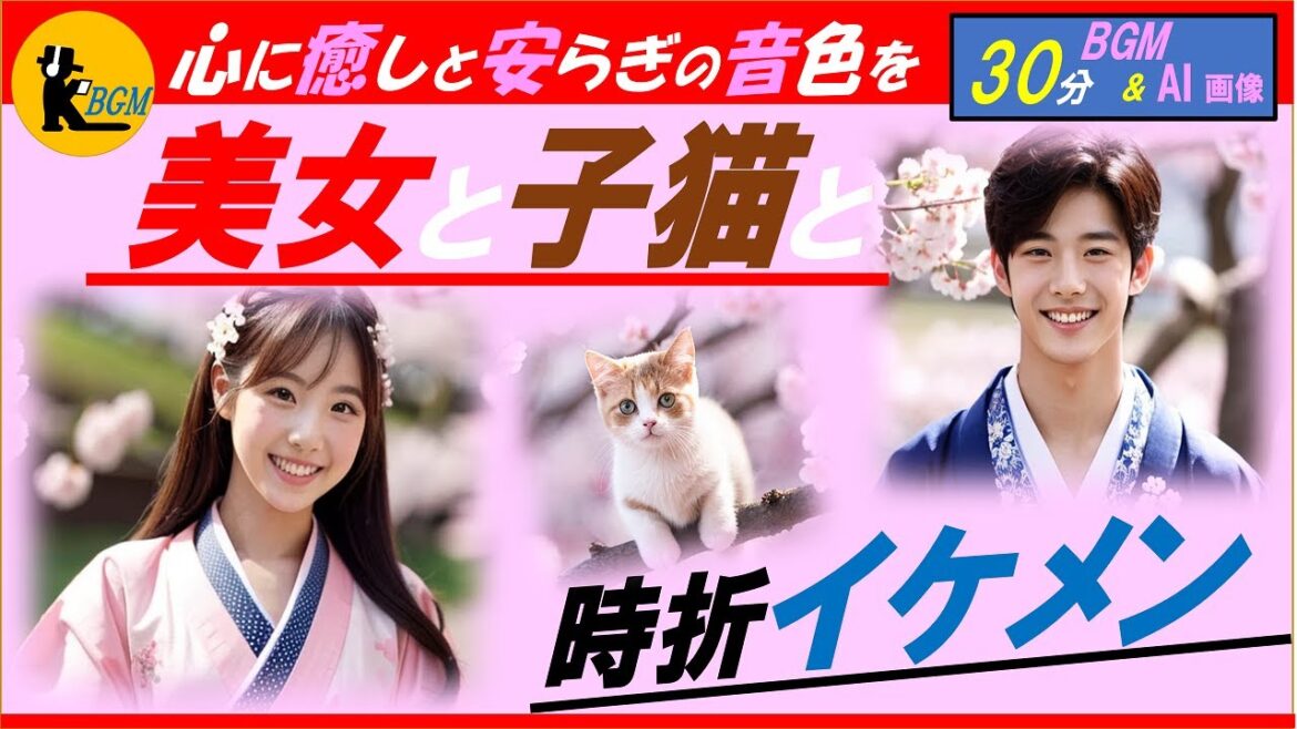 美女と子猫と時折イケメン　桜着物編　心に癒しと安らぎの音色を　３０分BGM＆AI画像　ローファイ　作業・学習・睡眠・リラックス用BGM