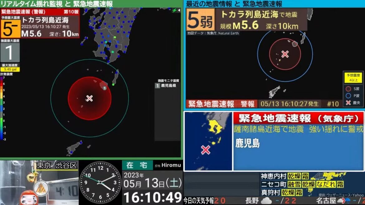 【強い地震】トカラ列島近海　震度５弱　M5.1　（2023/5/13 16:10ごろ　暫定アーカイブ）