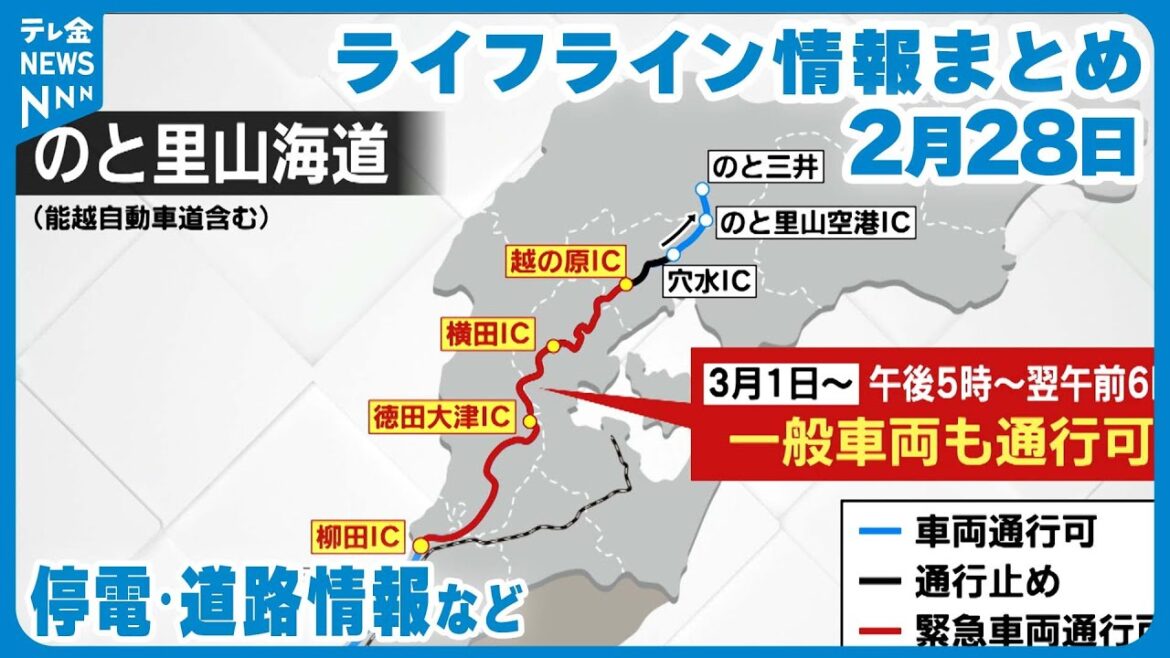 【ライフライン情報】2/28更新  断水、停電、道路…生活支援の最新情報は…のと里山海道あさってから柳田~越の原 通行可能に 【ライフライン情報】2/28更新  断水、停電、道路…生活支援の最新情報は…のと里山海道あさってから柳田~越の原 通行可能に