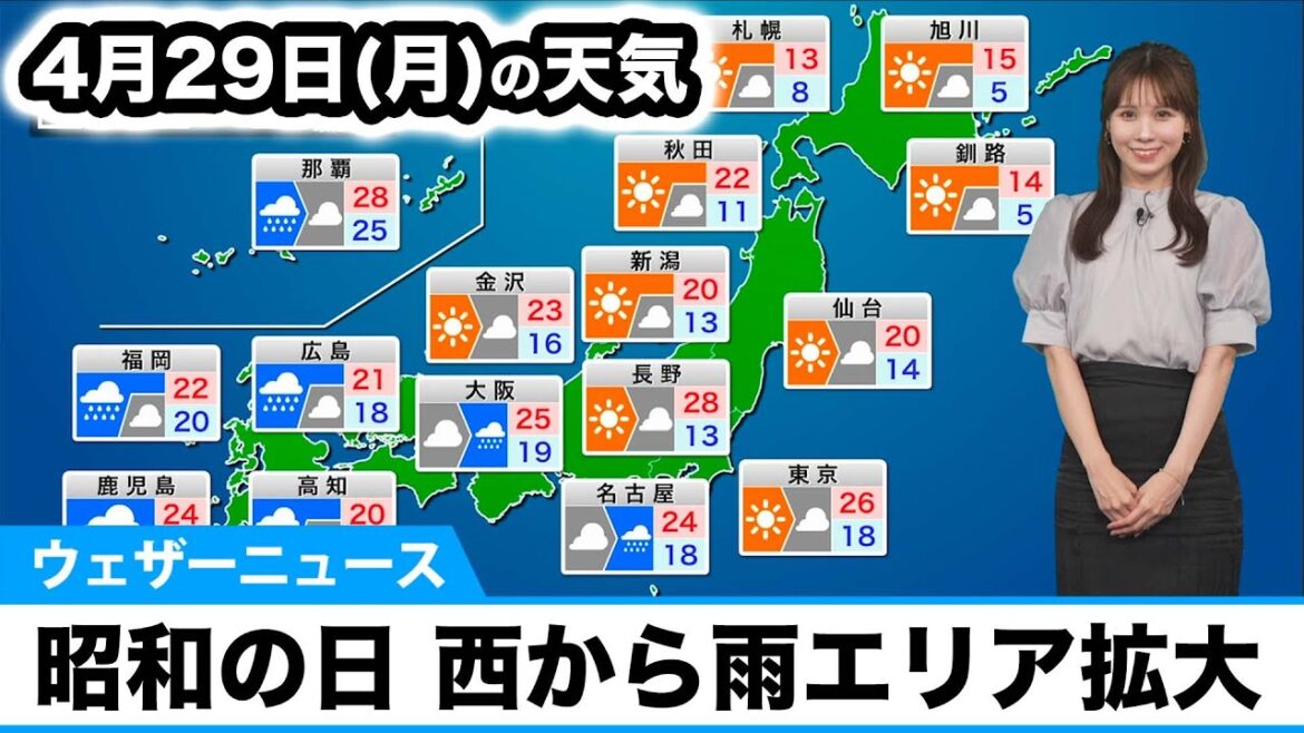 4月29日(月)の天気予報　昭和の日は西から雨の範囲が拡大　関東や北日本は日差し届く