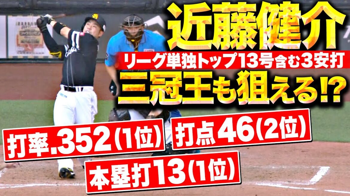 【三冠王の可能性…】近藤健介『リーグ単独トップ13号含む3安打…打率.352(1位)本塁打13本(1位)打点46(2位)』