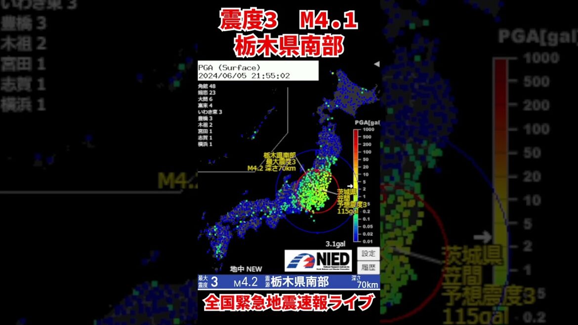 地震ライブ【震度3】栃木県南部 M4.1 2024/06/05 21:54ごろ #緊急地震速報 #地震ライブ #地震 #アーカイブ #earthquake #リアルタイム #災害