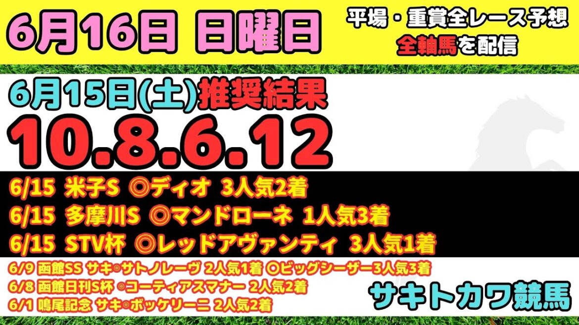 【6月16日(日)】平場 全レース予想 前回推奨結果10-8-6-12 マーメイドステークス スレイプニルステークス UHB杯