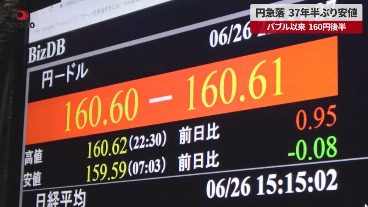 【速報】円急落、37年半ぶり安値 バブル以来、160円後半