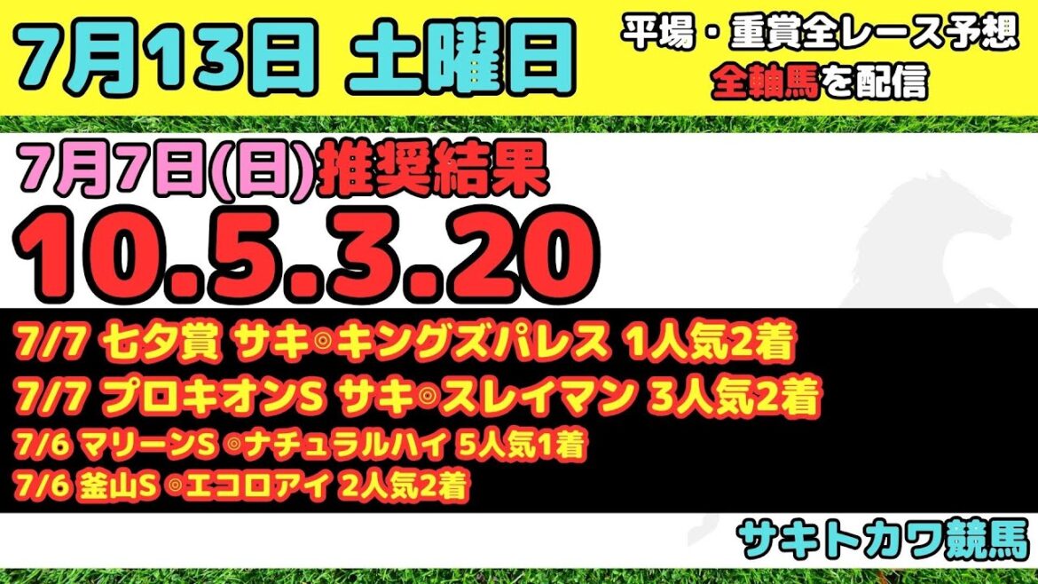 【7月13日(土)】平場 全レース予想 前回推奨結果10-5-3-20 函館2歳ステークス 安達太良ステークス 宮崎ステークス