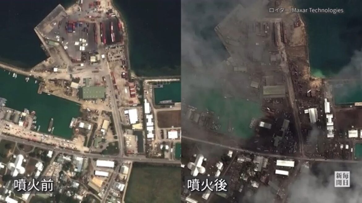 民家や森、火山灰に覆われ　トンガ沖噴火　NZ軍、上空写真を公開