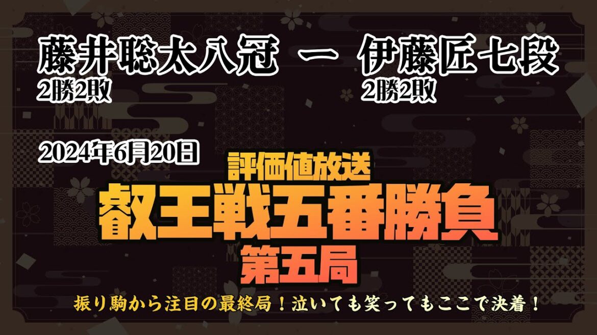 【叡王戦五番勝負第五局：藤井聡太八冠ー伊藤匠七段　互いに譲らず2勝2敗でフルセット、防衛か？奪取か！？】 2024.6.20【評価値放送】