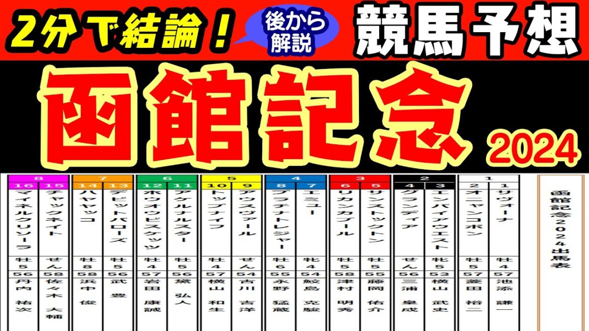【函館記念2024】2分で結論！推奨馬➎頭の競馬予想！昨年の強いメンバーとは違い今年は大混戦でどの馬からでも入れそうだ！人気のサヴォーナは１枠１番をどう乗りこなすか？