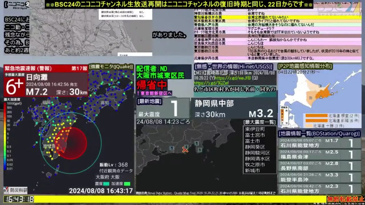 コメ無し版【緊急地震速報】日向灘（最大震度6弱 M7.1） 2024.08.08【BSC24】
