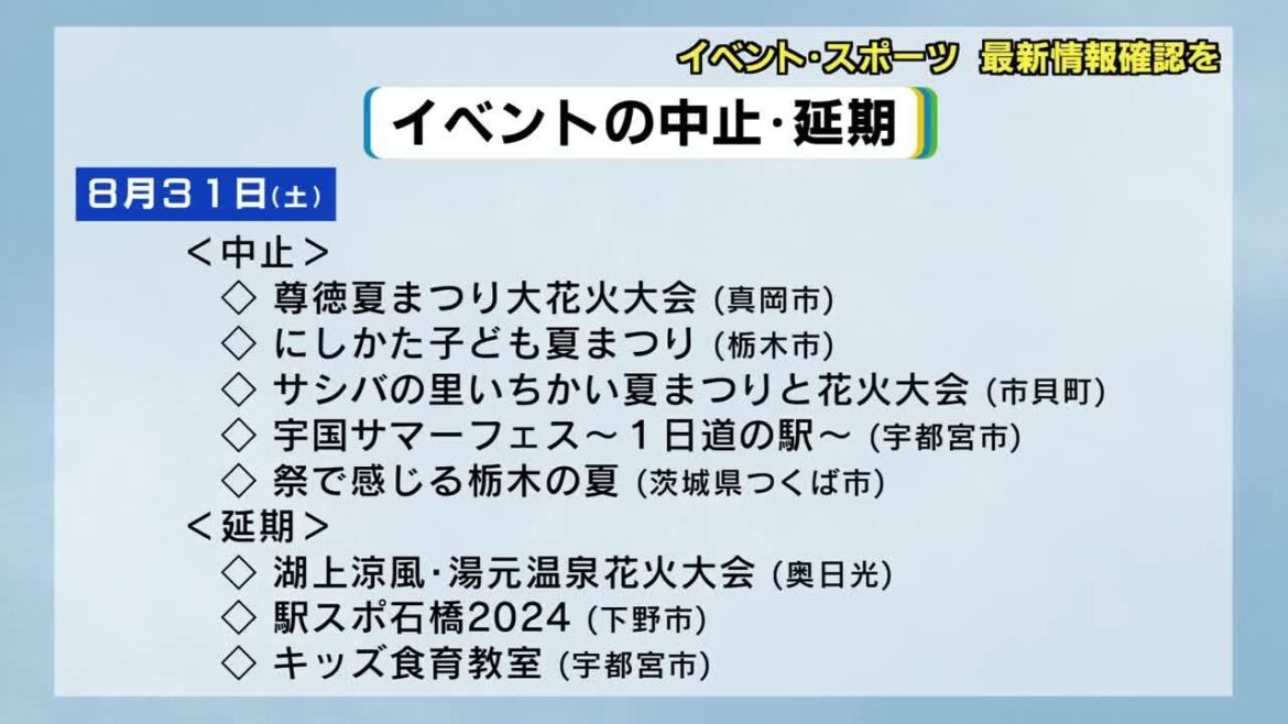 台風や大雨の影響　栃木関連のイベント・スポーツ開催中止も　最新の情報で確認を