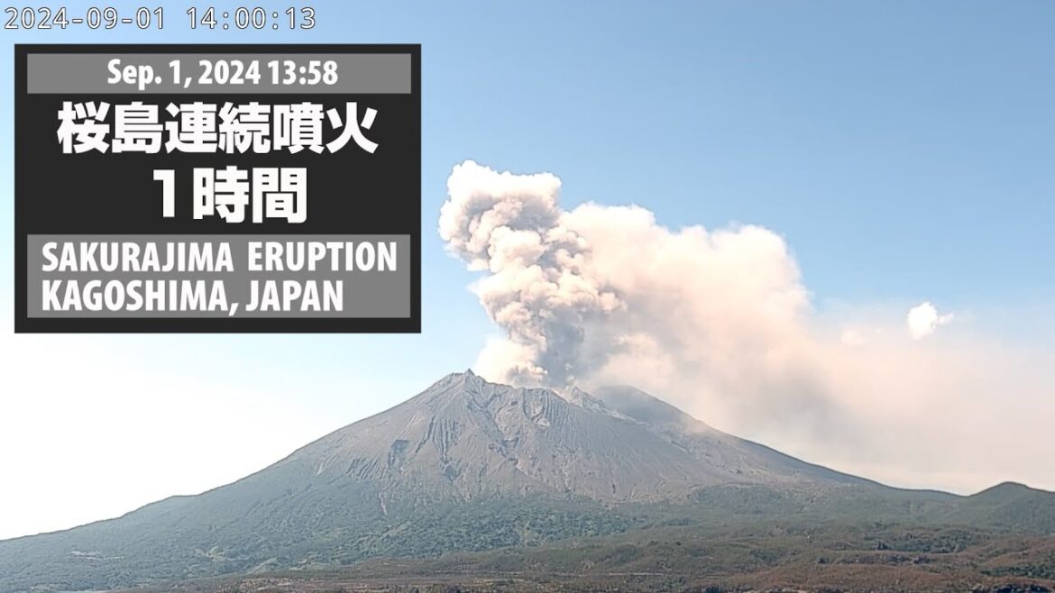 【連続噴火1時間】2024年9月1日 13:58 桜島 噴火 1200ｍ / Sakurajima Eruption