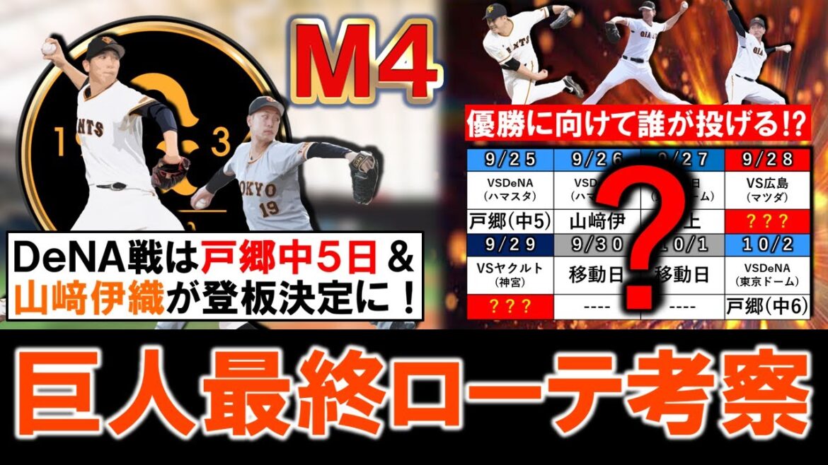 【巨人最終ローテ考察】阪神との天王山を乗り切りマジック４に縮めた巨人は明日からのDeNA戦『戸郷 翔征』が中５日＆『山﨑伊織』の登板が決定！そして、それ以外の残り４試合は優勝に向け誰が投げることに！？