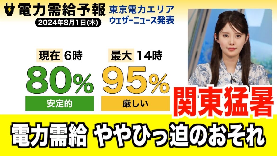 【電力需給予報】猛暑続き電力需給もややひっ迫のおそれ／8日1日(木)