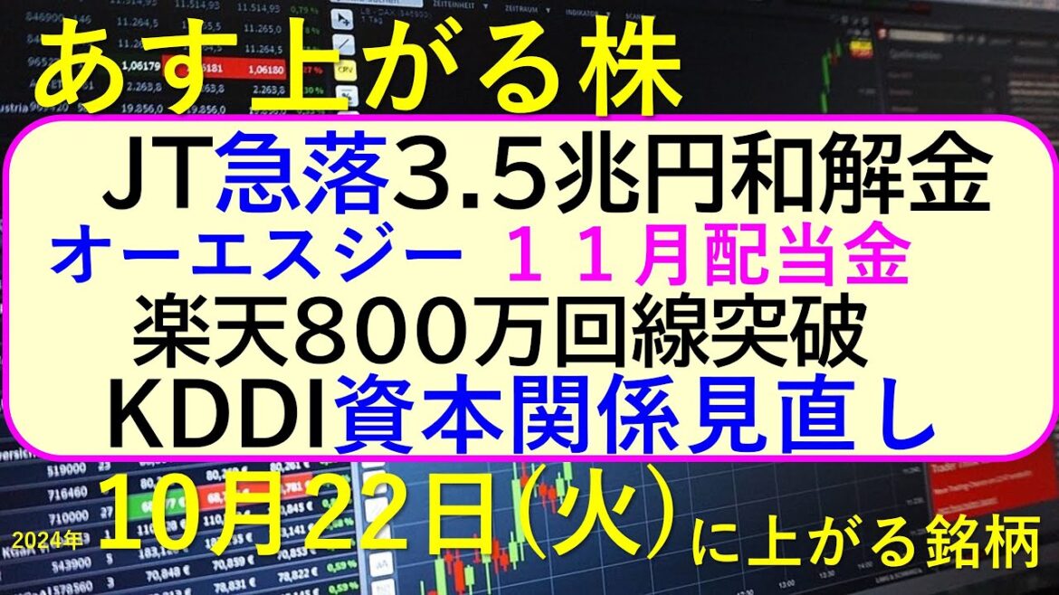 あす上がる株 2024年10月22日(火)に上がる銘柄。JTが3.5兆円の和解金で急落。KDDIが資本関係見直し。楽天が800万回線突破で黒字化へ~最新の日本株情報。高配当株の株価やデイトレ情報も~ あす上がる株 2024年10月22日(火)に上がる銘柄。JTが3.5兆円の和解金で急落。KDDIが資本関係見直し。楽天が800万回線突破で黒字化へ~最新の日本株情報。高配当株の株価やデイトレ情報も~