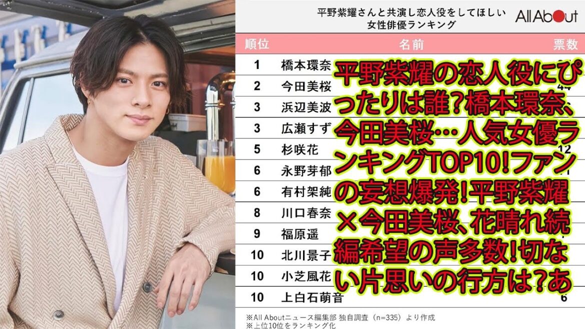 【平野紫耀】平野紫耀の恋人役にぴったりは誰？橋本環奈、今田美桜…人気女優ランキングTOP10！ファンの妄想爆発！平野紫耀×今田美桜、花晴れ続編希望の声多数！切ない片思いの行方は？あの名シーンも振り返り