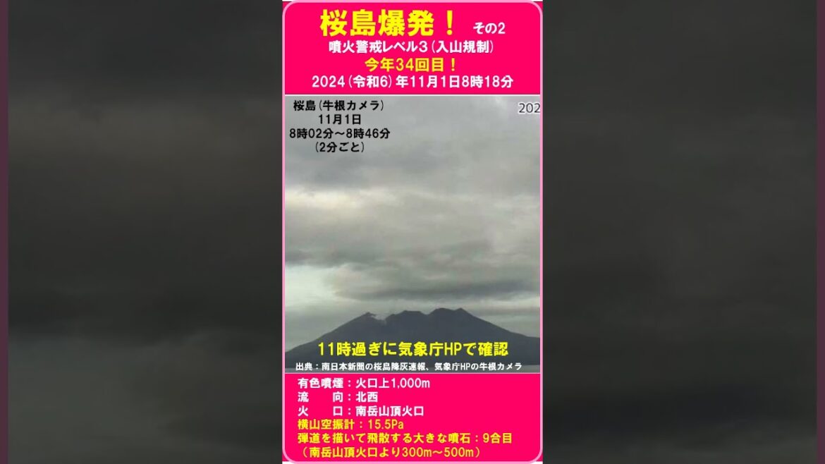 【Take02　速報　『桜島爆発！　今年34回目！　噴煙：火口上1,000m　2024年11月1日8時18分』　※11時過ぎに気象庁HPで確認※】　#shorts #噴火 #桜島
