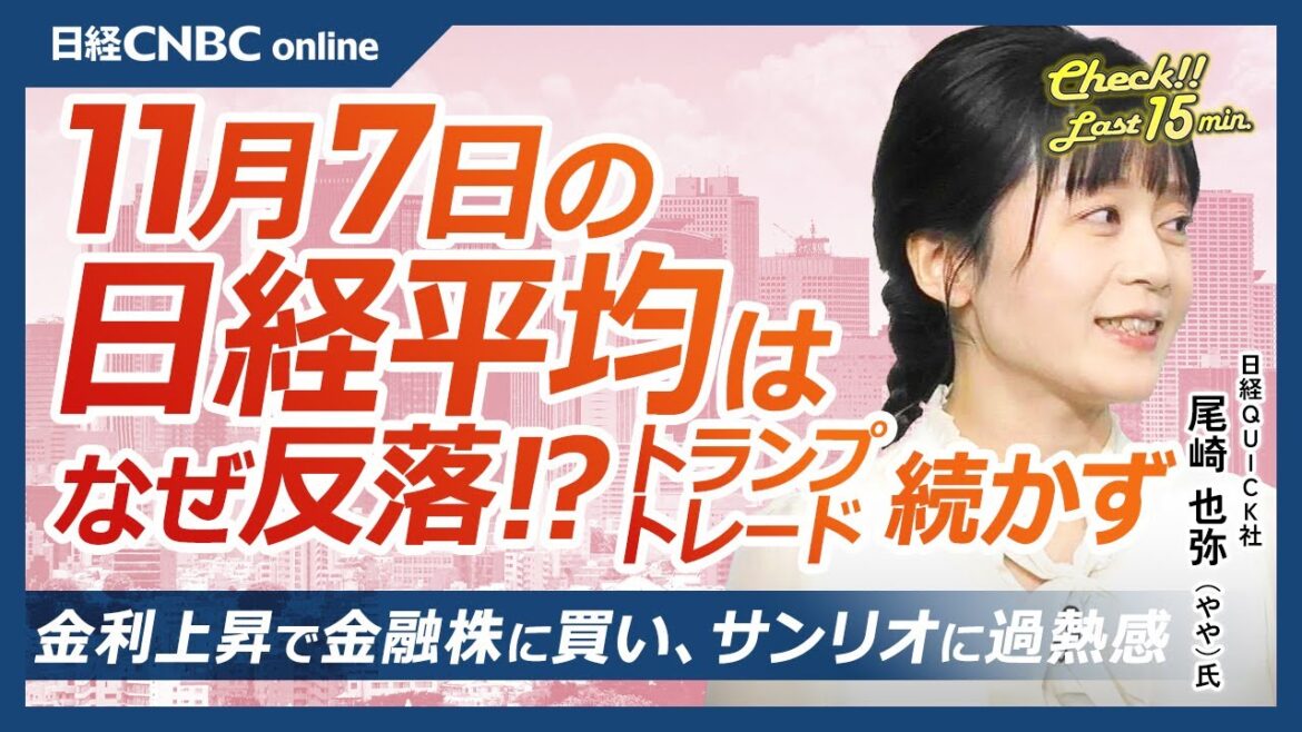 【11月7日(木)東京株式市場】日経平均株価は反落、米国株高値も日本株はトランプトレード続かず／米大統領選早い決着／日米で金利上昇、銀行株⇧／ビットコイン最高値／サンリオ過熱感、キティグッズに転売ヤー