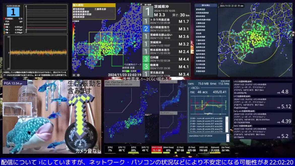【緊急地震速報(予報)】愛知県西部 最大震度2 M3.6 深さ40km 2024/11/23 22:01:--.-発生 (速報値) 岐阜市震度1