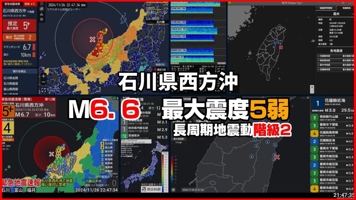 【津波予報｜緊急地震速報 警報】2024/11/26 22:47 石川県西方沖(M6.6 最大震度5弱 長周期階級2) #地震