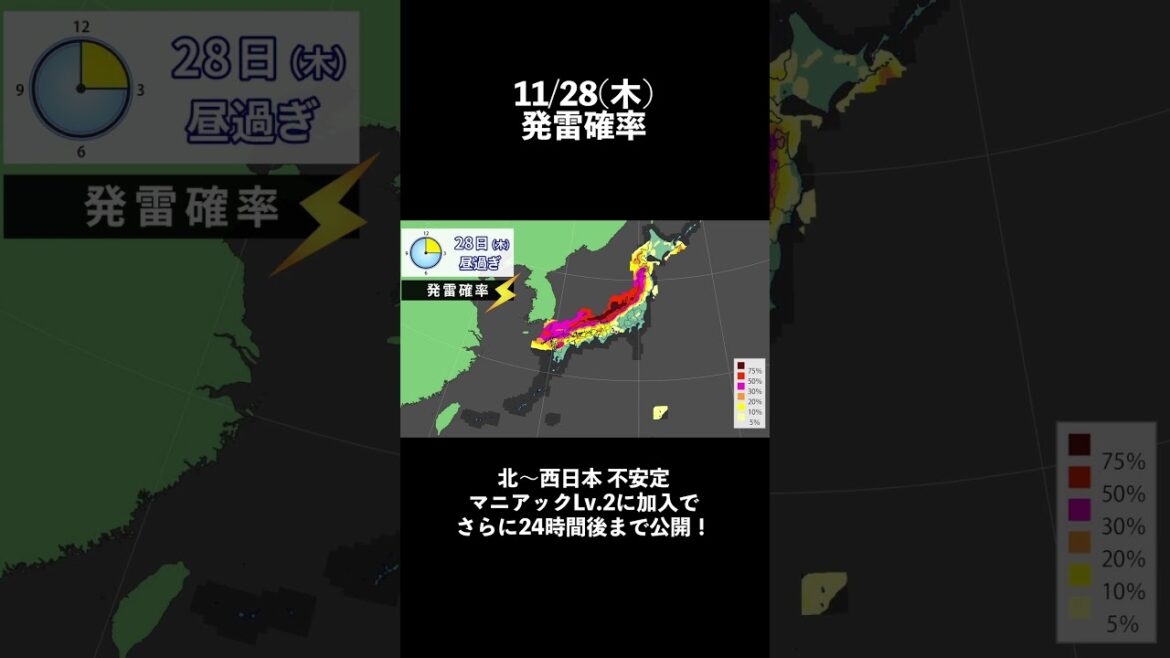 発雷確率 2024/11/27夜更新 #マニアック天気 #雷 #落雷 #不安定 #局地的大雨 #ゲリラ豪雨 #ゲリラ雷雨