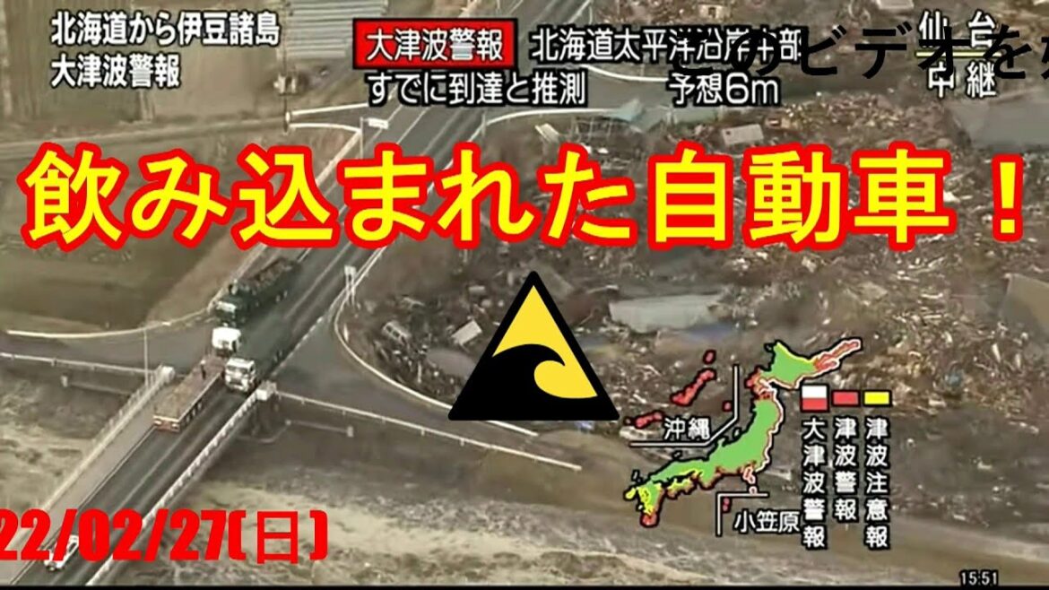 大津波地震ライブ！逃げ惑う飲み込まれた人々と自動車！東日本大震災　緊急地震速報　瞬間　中継　仙台湾　JAPAN Tsunami earthquake live!